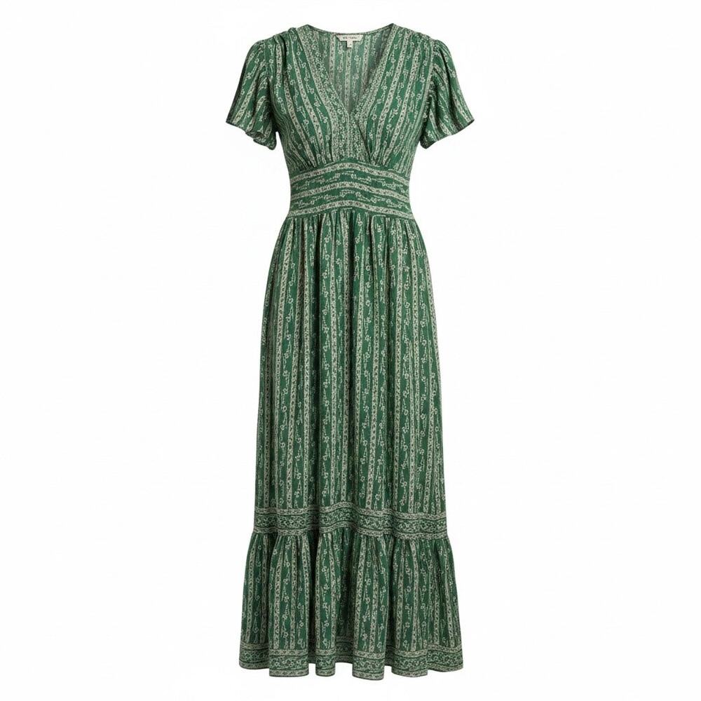 MAX STUDIO London Womens S Green Floral Stripe Ruffle Maxi Dress V-Neck Tiered
